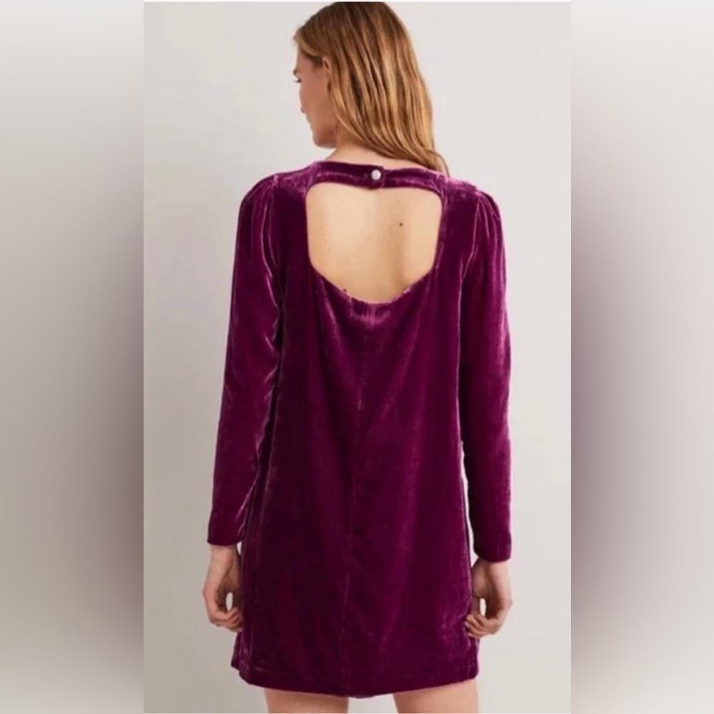 Boden Plum Velvet Open Back Mini Dress SZ 14 rhinestone button long sleeve lined - Picture 4 of 16